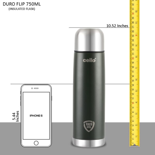 Cello Duro Tuff Steel Series- Flip Double Walled Stainless Steel Water Bottle with Durable DTP Coating and Thermal Jacket | Vacuum Insulated Bottle for Travel, Home, Office, School | 750ml, Green - Image 2