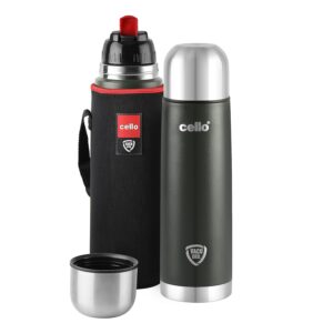 Cello Duro Tuff Steel Series- Flip Double Walled Stainless Steel Water Bottle with Durable DTP Coating and Thermal Jacket | Vacuum Insulated Bottle for Travel, Home, Office, School | 750ml, Green
