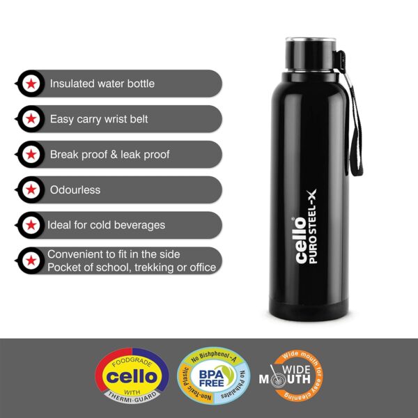 CELLO Puro Steel-X Benz 900 | Leak Proof | Wide Mouth & Easy to Open | Insulated Inner Steel Water Bottle - Image 2